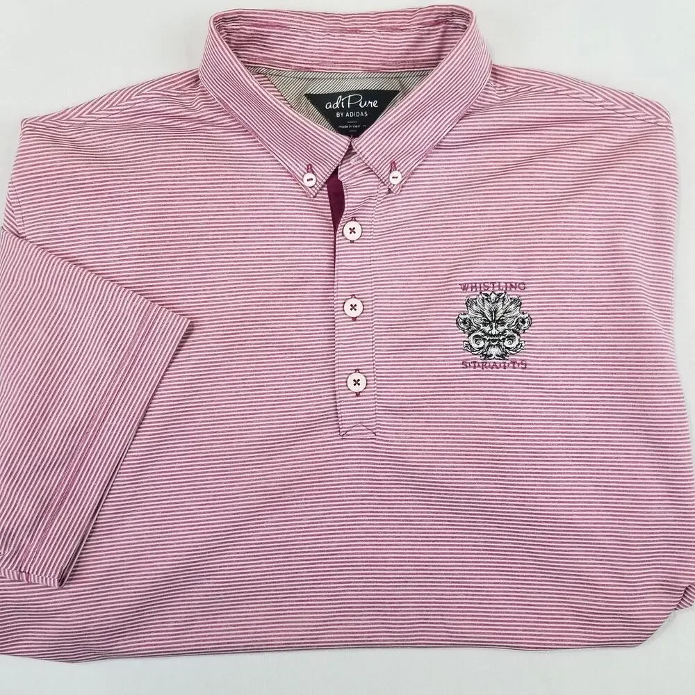 Adidas Polo Shirt Mens Large Pink Striped Whistling Straits Golf Shirt